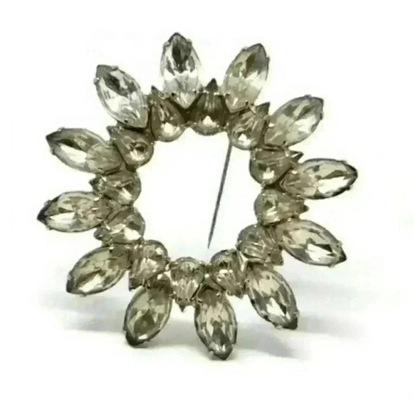 Vintage Brooch Rhinestone Circle Flower Navette & Pear Stones Large - Picture 1 of 8